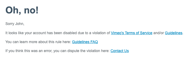 Vimeo disabled my account