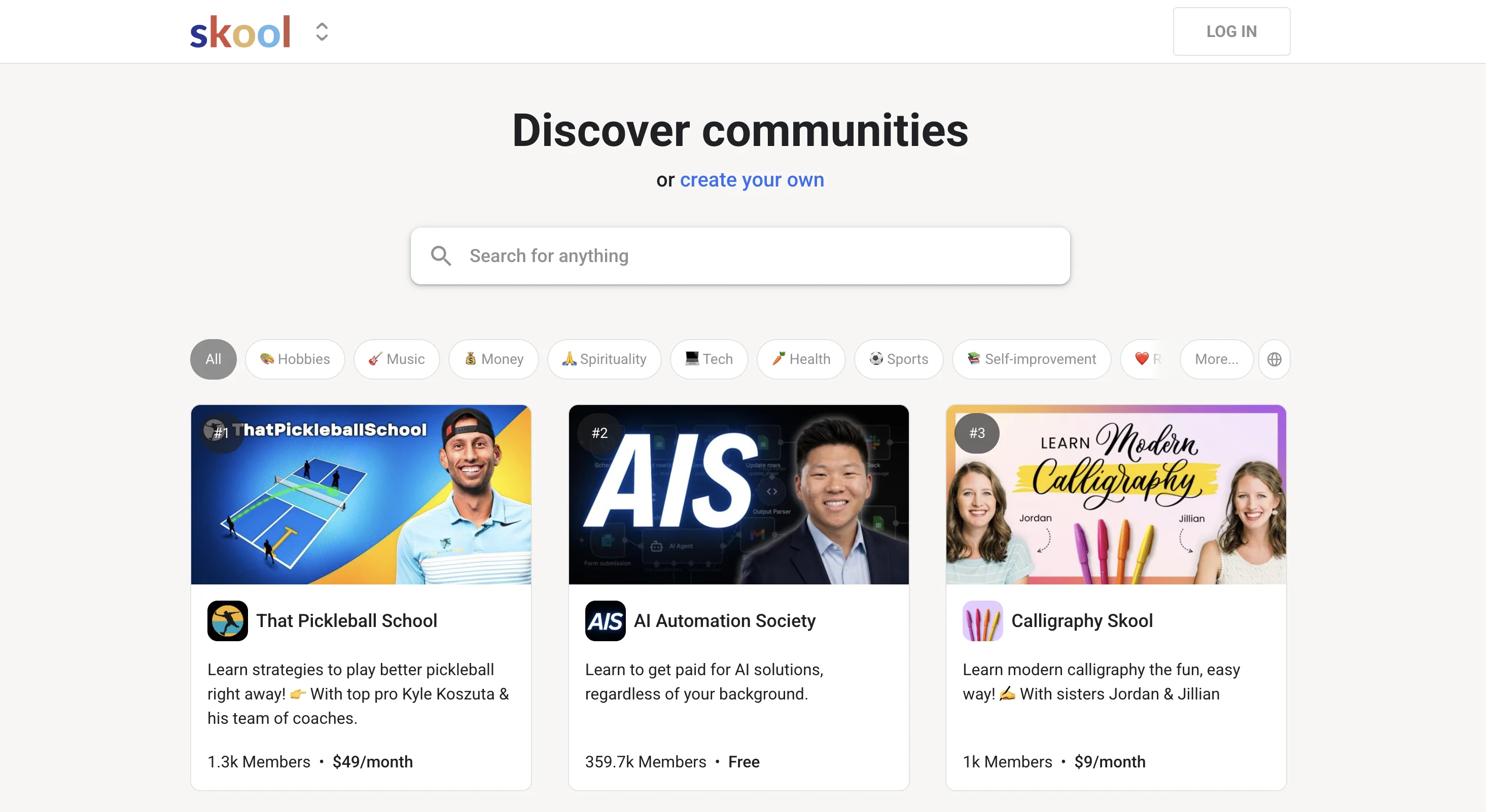 The Skool community platform discovery page