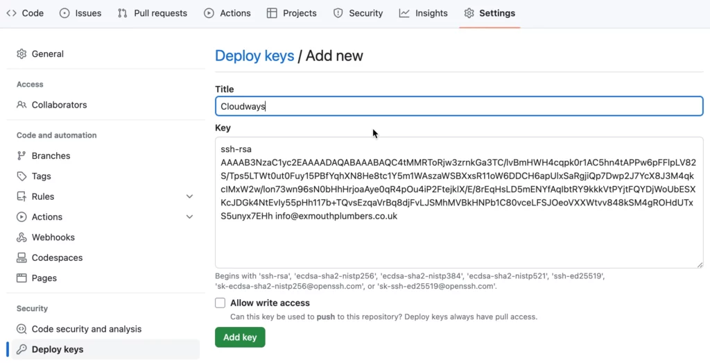 Paste SSH key from Cloudways into Laravel repository on Github in deploy keys section 