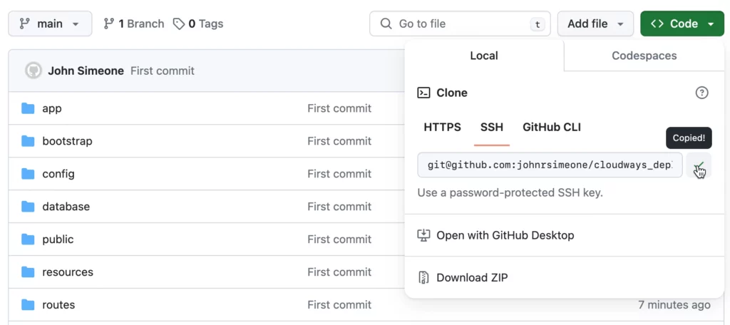 Copy SSH address from Github repository containing Laravel application