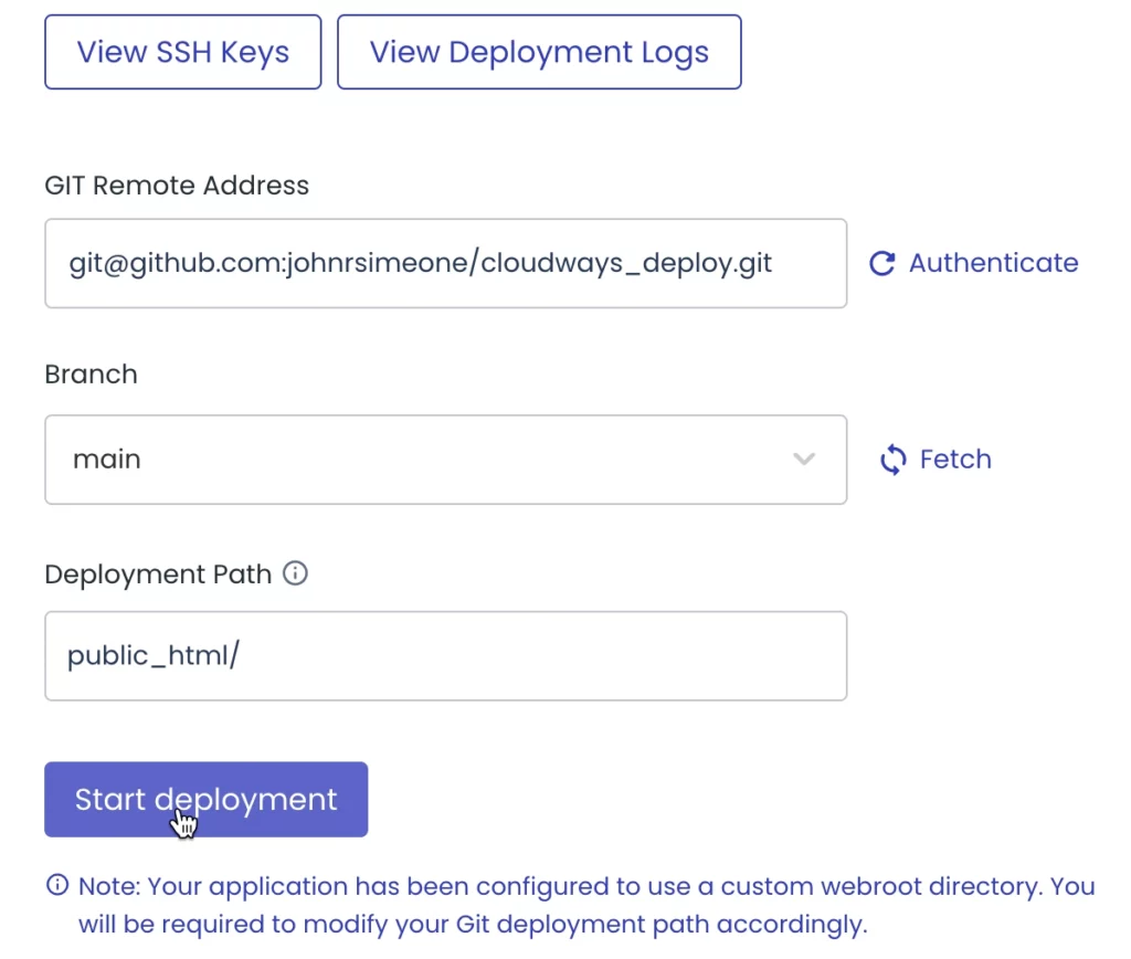 Authenticate Github repository and fetch main branch before starting deployment
