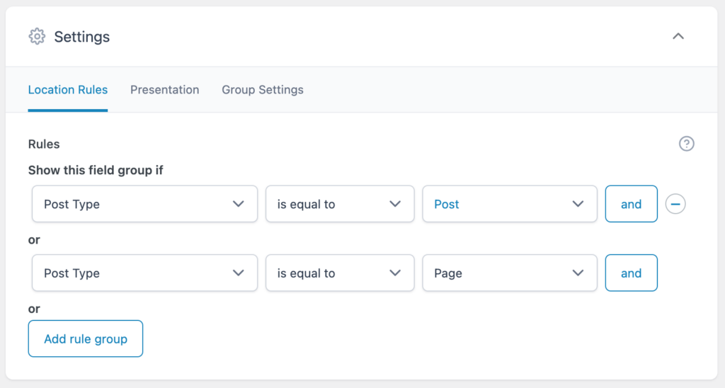ACF settings location rules