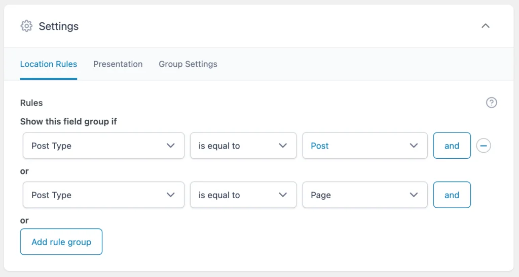 ACF settings location rules