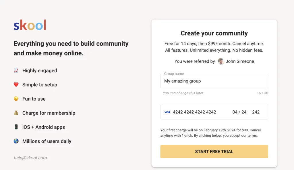 Enter group name and card details to start your free trial